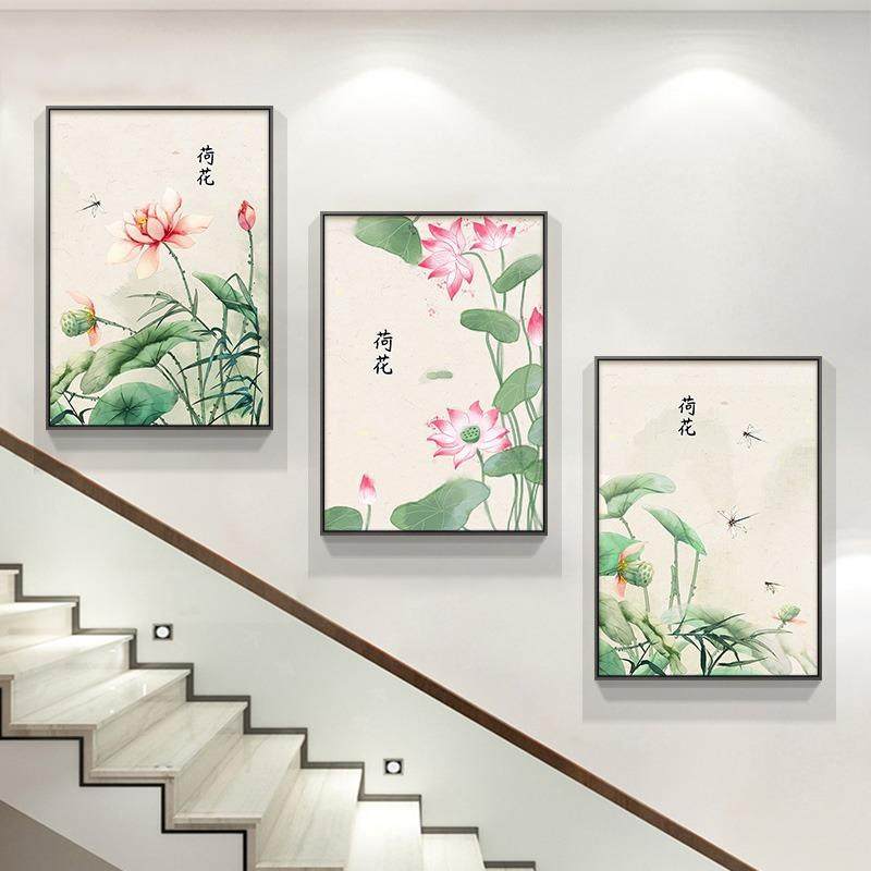 楼梯楼道楼梯间装饰画新中式花鸟荷花复式楼壁画三联客厅过道挂画,淘宝优惠券,粉丝福利购,淘宝优惠卷