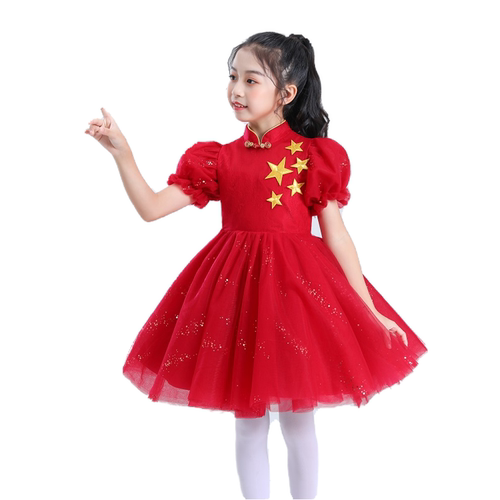 儿童合唱演出服蓬蓬裙中小学生爱国表演服红色女童礼服背带裤套装 - 图3