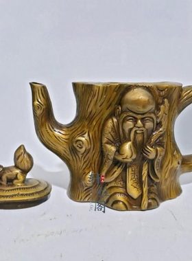纯铜寿星酒壶茶壶 家居办公茶道装饰摆件古玩铜器收藏根雕造型
