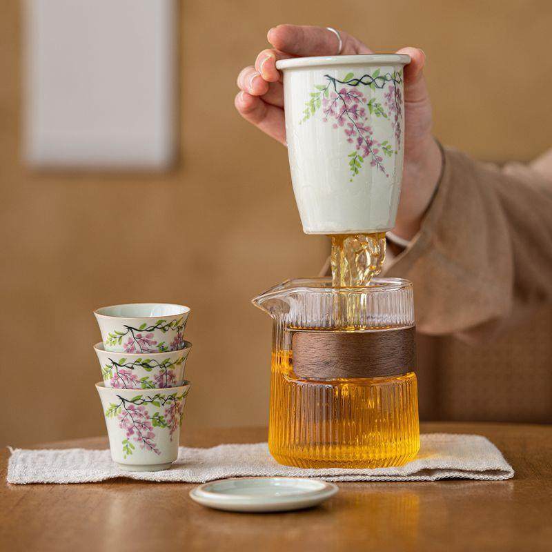 草木灰釉下彩手绘紫藤花旅行茶具套装户外便携式快客杯一壶三杯,淘宝优惠券,粉丝福利购,淘宝优惠卷