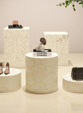 圆水石台客厅玄关地台电视柜旁磨落地柱子木墩摆摆件形底座雕thj#