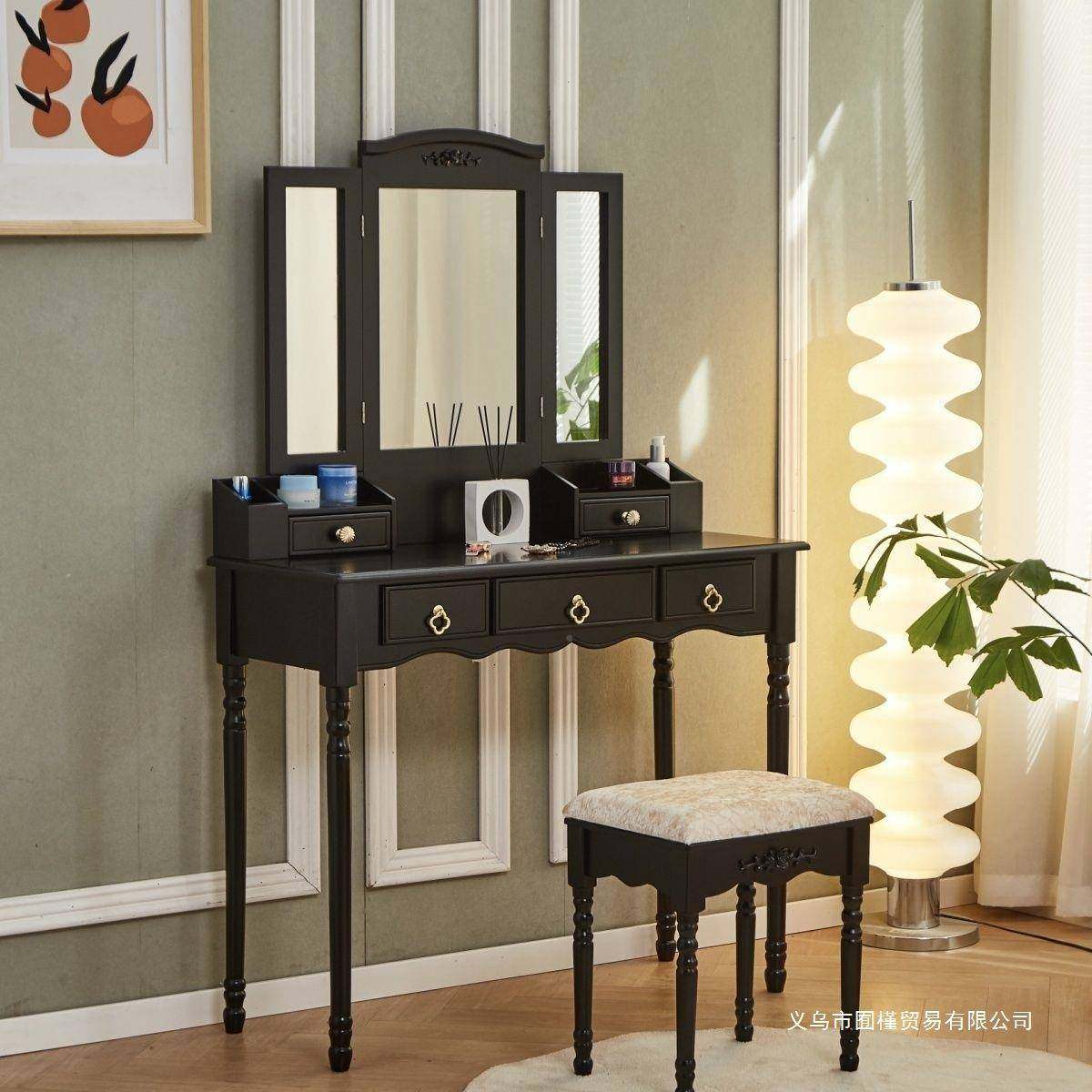 实美式复古木纳深421色梳妆台带镜带室凳卧梳妆桌化妆台小户型收,淘宝优惠券,粉丝福利购,淘宝优惠卷