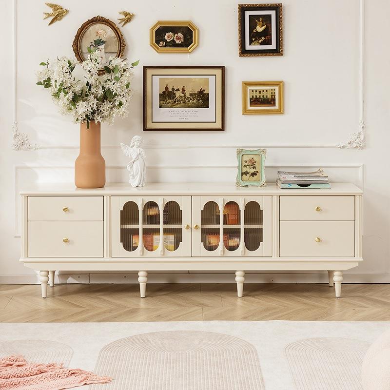 法式奶油风电视F调电视柜几组合全轻木美式奢家具实纯原木白色客 - 图1