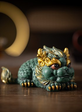 创意可爱水火麒麟公母一对彩金高档精品家居客厅桌面装饰摆件送礼