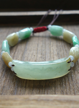 手工编绳翡翠貔貅手牌平安无事牌玉石荷叶莲花弯条手排玉貔貅手链