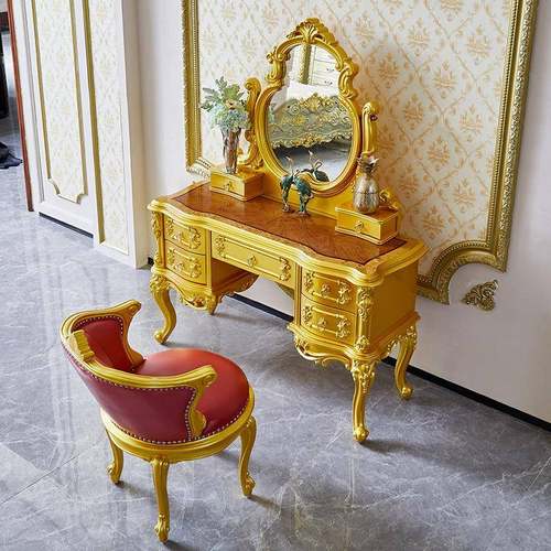 全实木欧式梳妆台主卧室化妆桌大户型别墅富贵金色收纳柜奢华公主 - 图0