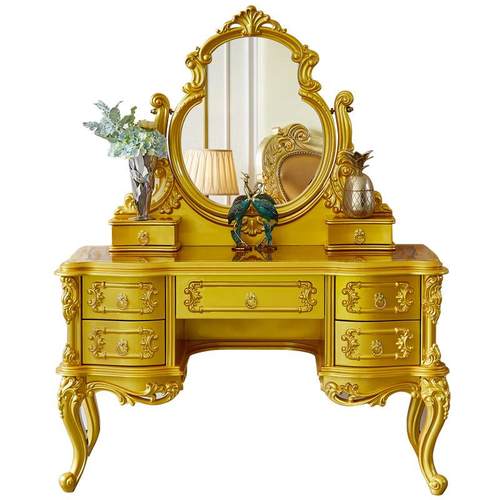 全实木欧式梳妆台主卧室化妆桌大户型别墅富贵金色收纳柜奢华公主 - 图3