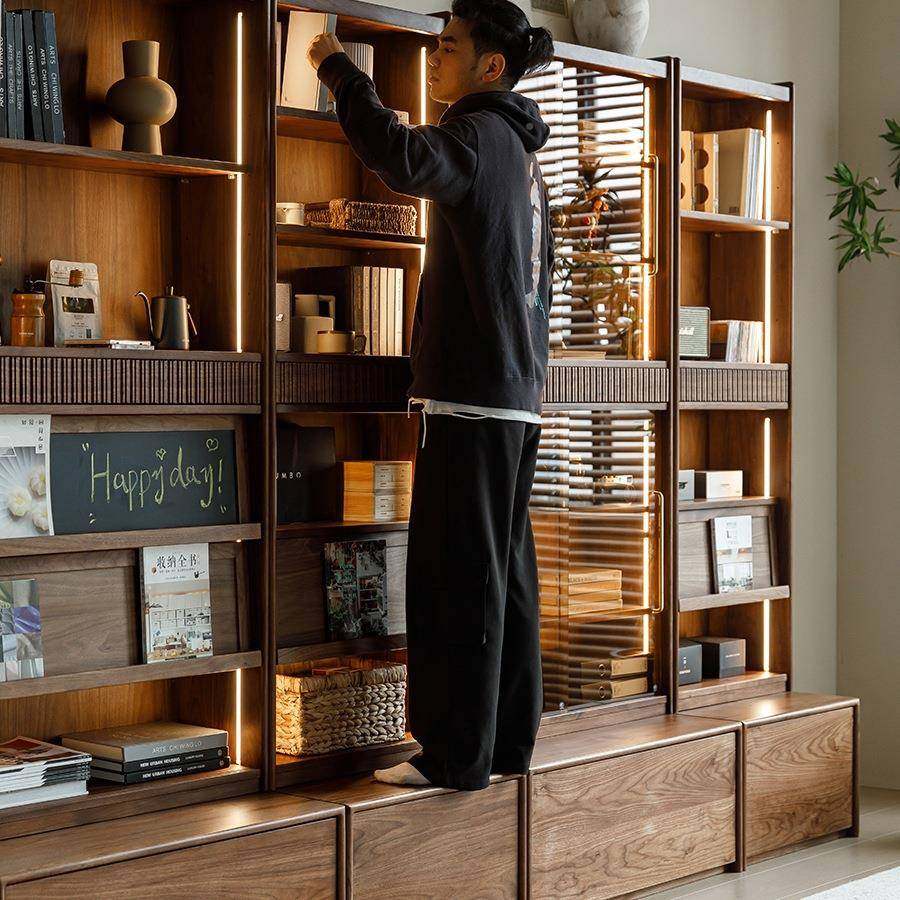 北去美黑胡墙桃木组合书柜实木书架落地卡座储物厅化一体AOV客整,淘宝优惠券,粉丝福利购,淘宝优惠卷