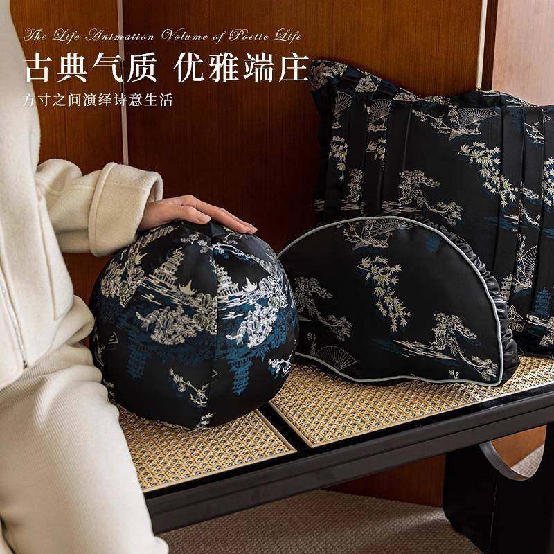 新中式圆背形F77TS7T7枕客厅沙发床头抱靠垫扇形椅松子腰枕复古黑,淘宝优惠券,粉丝福利购,淘宝优惠卷