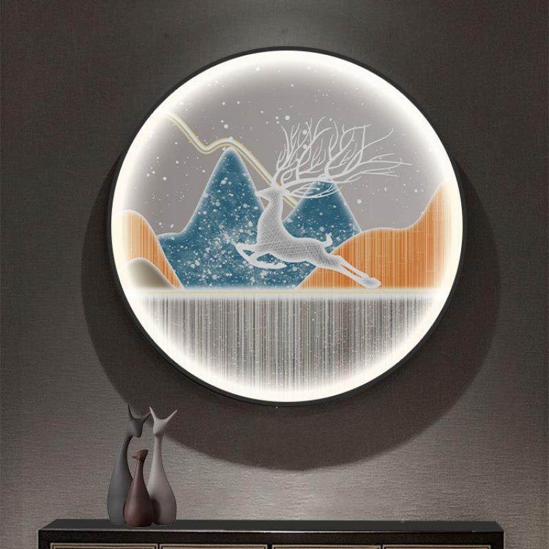 麋鹿带形装饰画灯LD玄关圆挂画入户走廊JPR过道墙画壁E灯轻奢风油,淘宝优惠券,粉丝福利购,淘宝优惠卷