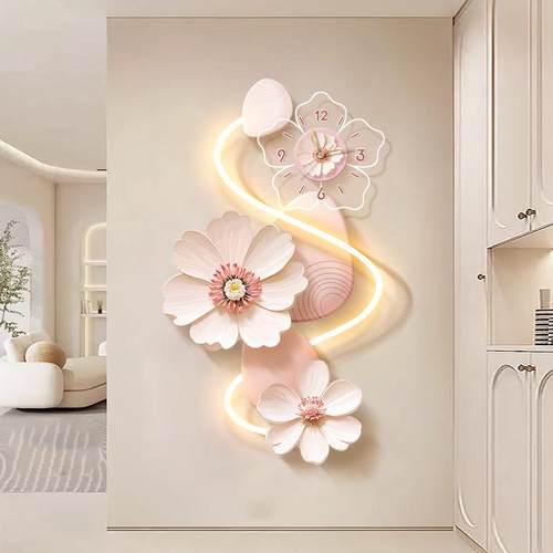 奶油风玄关装饰画入户创意花卉时钟壁灯画高级感走廊过道钟表挂画 - 图0