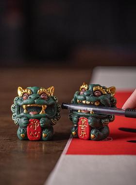创意青砂石狮办爷净心风喜20241009乐可爱茶宠文房笔架公面鱼缸桌