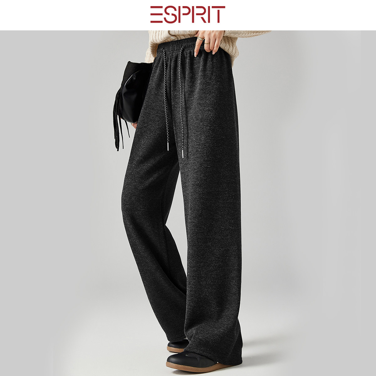 ESPRIT/埃斯普利特深灰色阔腿裤女宽松抽绳休闲裤慵懒极简风长裤 - 图2