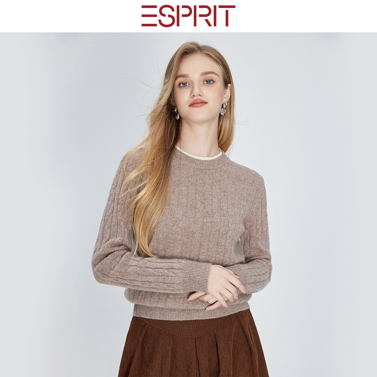 ESPRIT/埃斯普利特极简风圆领麻花绵羊毛衫女长袖针织毛衣打底衫,淘宝优惠券,粉丝福利购,淘宝优惠卷