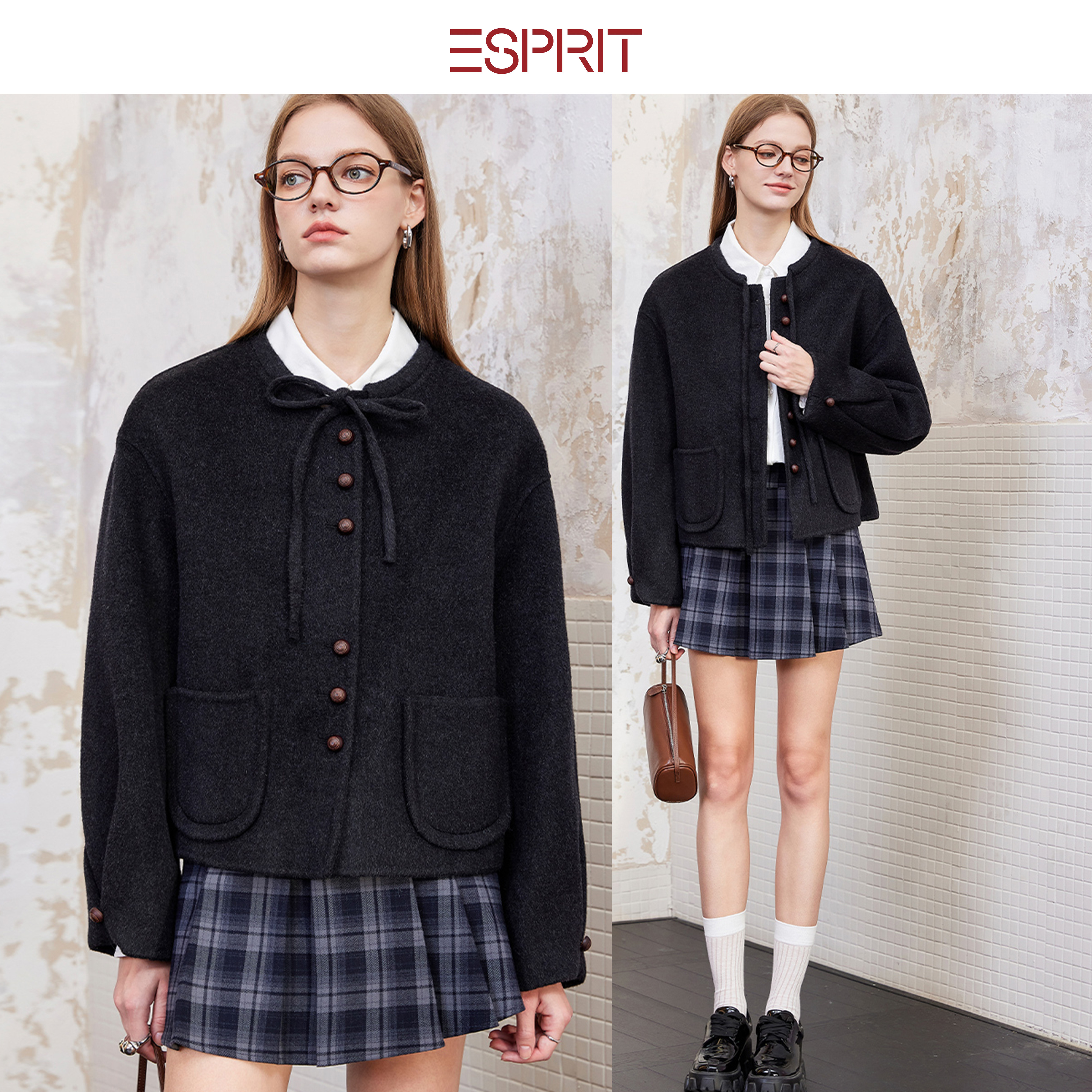 ESPRIT/埃斯普利特老钱风黑色羊绒开衫女圆领纽扣外套秋冬针织衫,淘宝优惠券,粉丝福利购,淘宝优惠卷