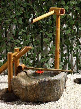 式庭院日流水景thu+fghl观摆件石槽子水养花石钵户外园林竹滴水缸