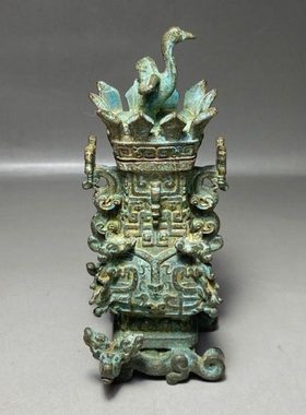 仿古春秋战汉青铜莲鹤方壶古朴典雅办公室客厅装饰品摆件古玩收藏