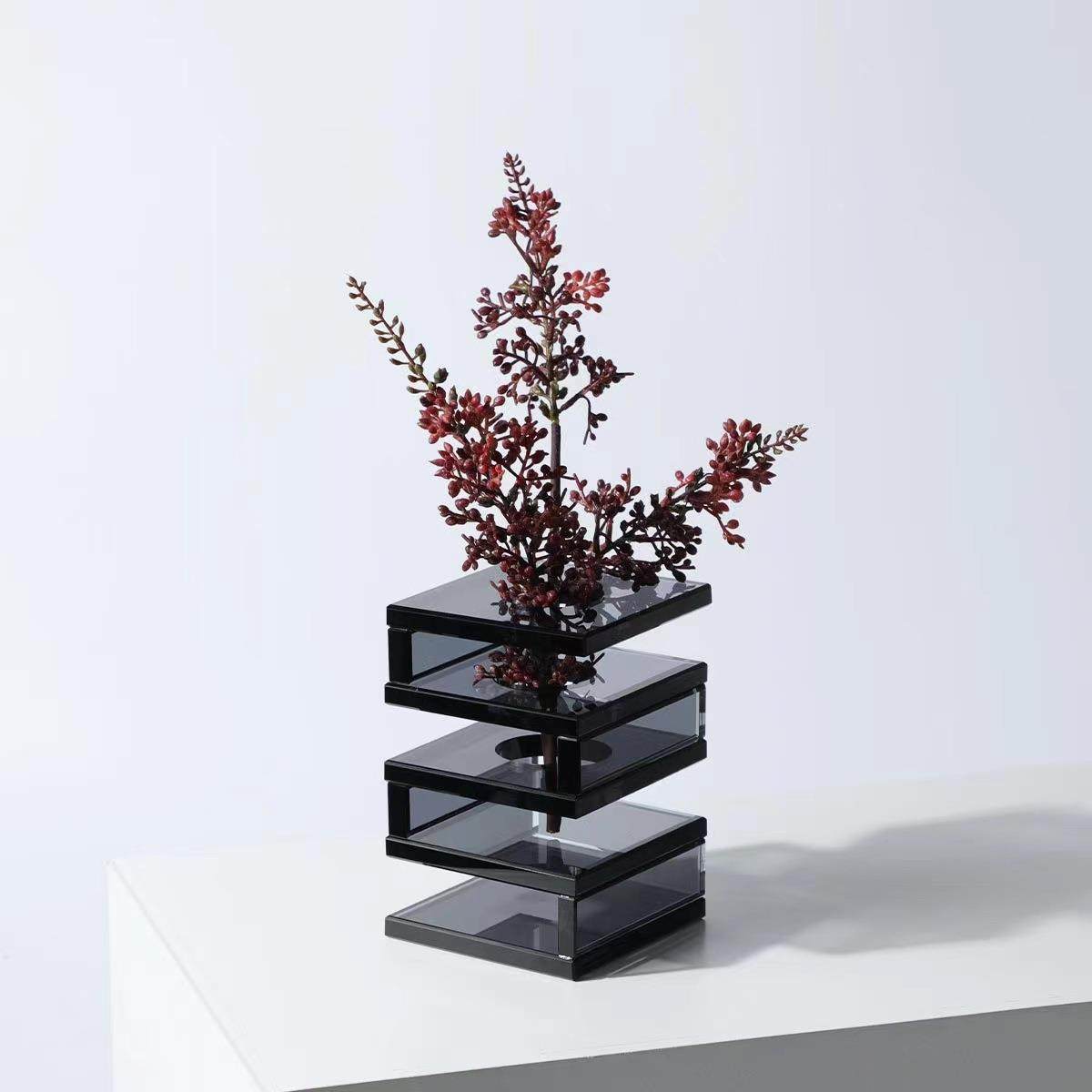 现代简约方形烟灰茶色几何水晶花瓶居家客厅桌面插花器软装装饰品,淘宝优惠券,粉丝福利购,淘宝优惠卷