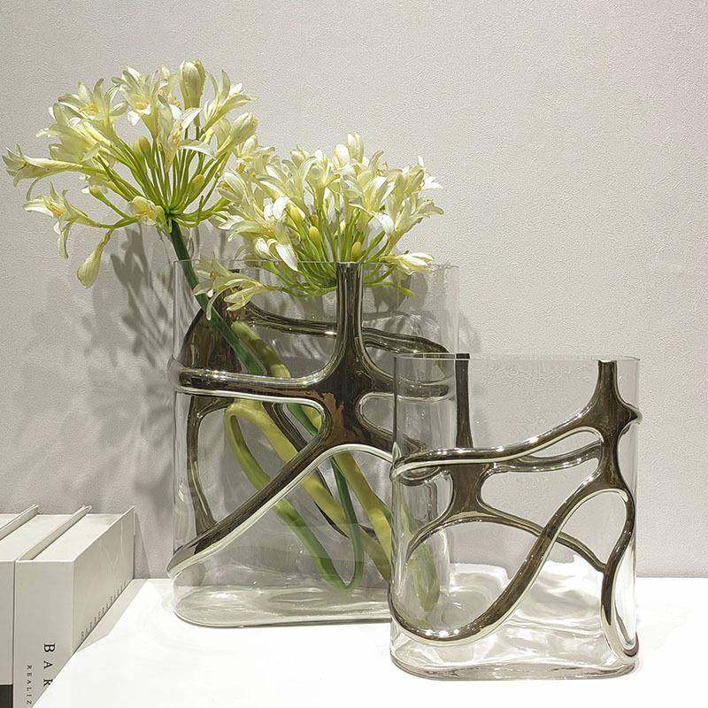 现代简约轻奢金色银色玻璃扁形流线花器花瓶样板房客厅软装饰品,淘宝优惠券,粉丝福利购,淘宝优惠卷