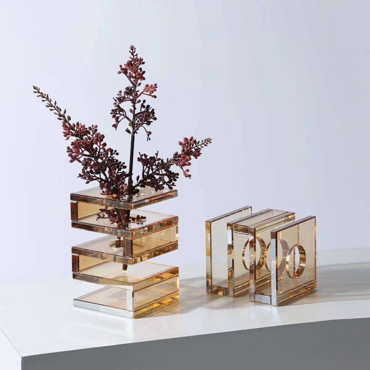 现代简约方形烟灰茶色几何水晶花瓶居家客厅桌面插花器软装装饰品,淘宝优惠券,粉丝福利购,淘宝优惠卷