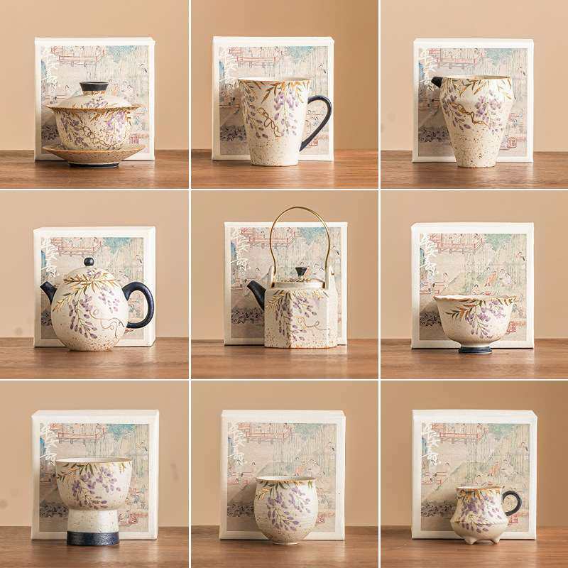 青花火石红盖碗茶壶茶海公道杯马克杯茶杯高档描金手绘紫藤花单品,淘宝优惠券,粉丝福利购,淘宝优惠卷