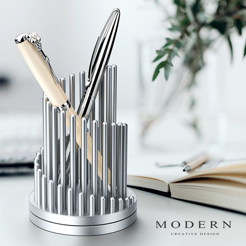 Modern铝合金旋转减压笔筒 创意高档摩登造型金属笔筒 时尚办公摆 - 图1