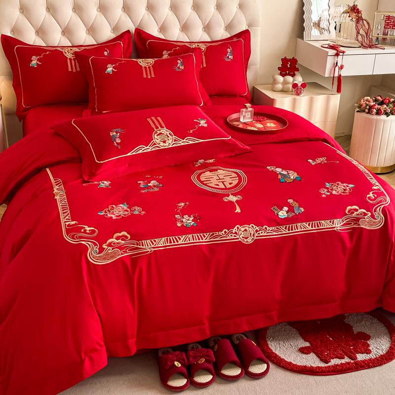 中式刺百子红图绣婚庆四件套大结婚被套床单床新婚喜被F78S67SJ床 - 图0