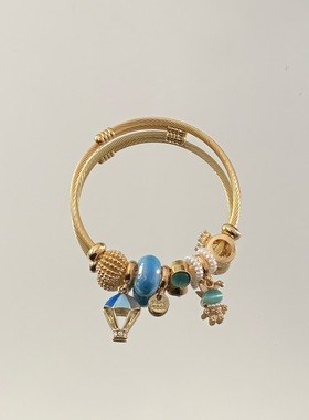 潘家多啦新款不锈钢手镯女热气球小兔子镶钻合金吊坠百搭情侣手环