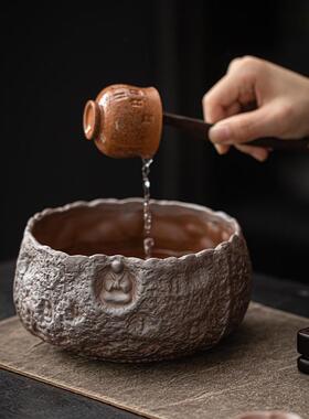 粗陶老岩泥敦煌茶洗手作复古粗陶茶盂水盂笔洗茶渣缸建水茶道零配