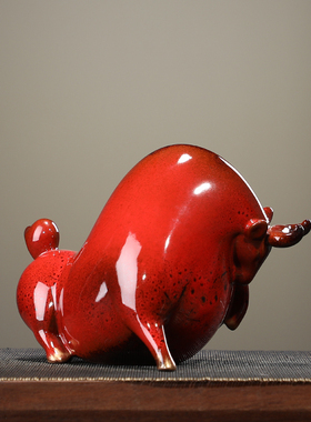 汉鸿 创意中式陶瓷牛气冲天牛摆件客厅办公室桌面装饰摆设品送礼