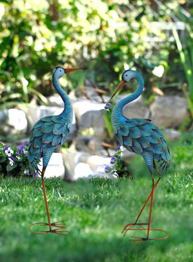 岛拉蓝色铁艺仙鹤铁质水鸟庭院摆件 花园别墅草地景观阳台装饰品