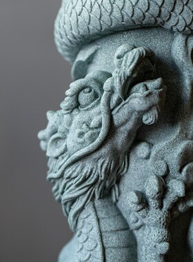 碌心   中式创意国潮盘龙石柱 青砂石逗兽记家居装饰摆件鱼缸造景