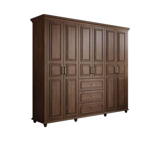 美式复古实木平开门衣柜家用卧室4门5门6门大衣橱成品柜子收纳柜 - 图3