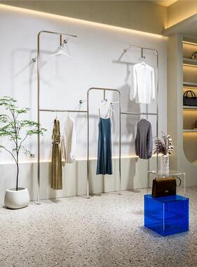 服装店展示架上墙壁挂式不锈钢双层挂衣服架子女装店专用陈列货架