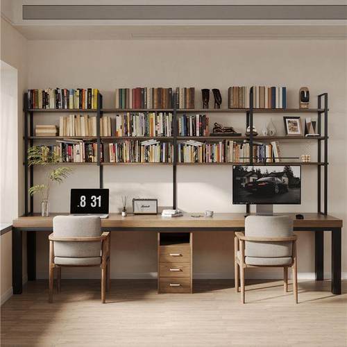 去客厅化书柜一体整墙实木双人电脑桌长条桌家用靠墙书桌书架写字 - 图1