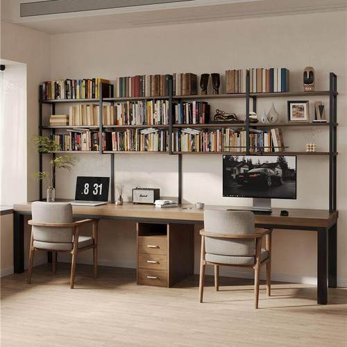 去客厅化书柜一体整墙实木双人电脑桌长条桌家用靠墙书桌书架写字 - 图2