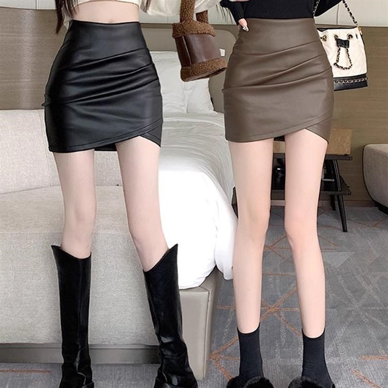 美式黑色开叉小皮裙女秋冬半身高腰显瘦梨型身材pu包臀裙修身短裙 - 图2