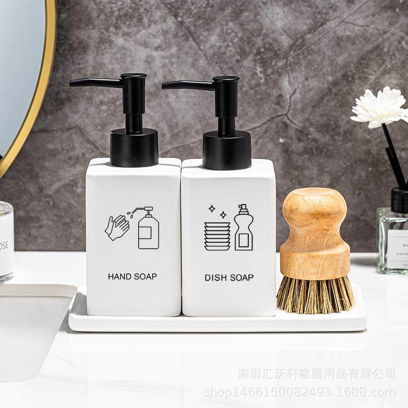 陶瓷乳液瓶托盘刷子套装厨房洗手洗碗分装瓶黑白按压分装空瓶,淘宝优惠券,粉丝福利购,淘宝优惠卷