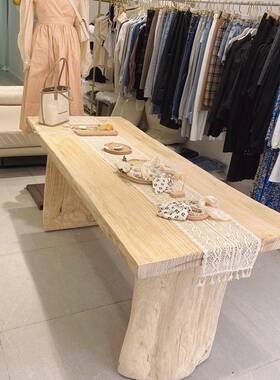 北欧全实木服装店中岛台自然边大板展示工作流水台原木茶桌餐桌