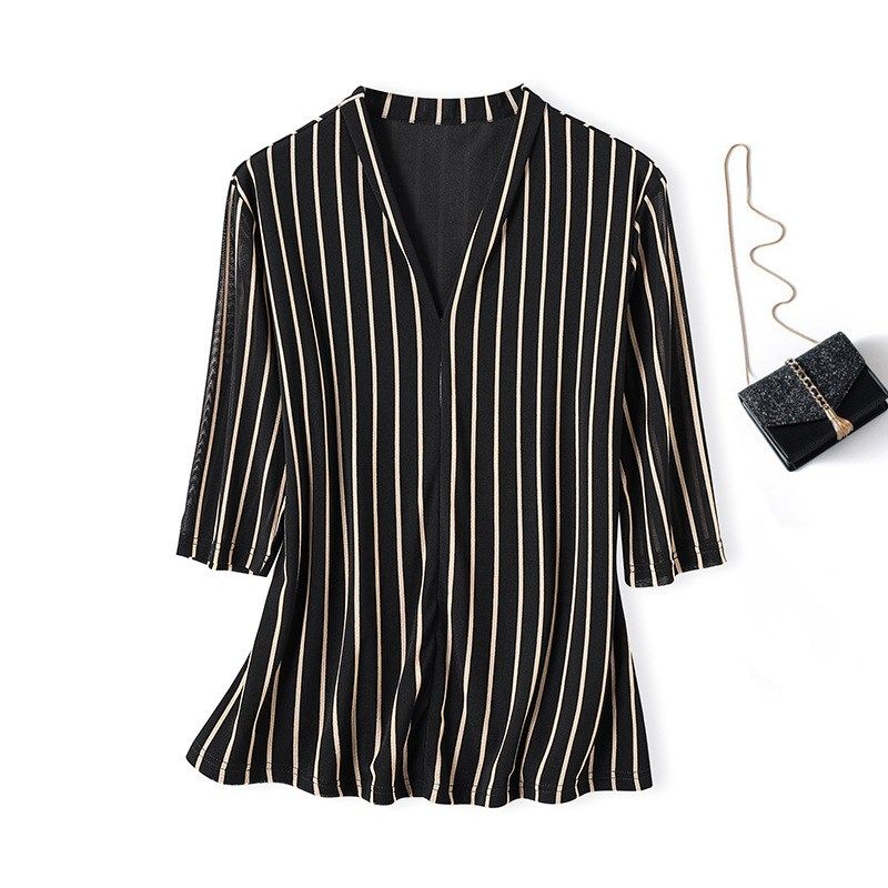 大码女装高级感V领内搭打底衫2024秋冬新款时尚条纹气质显瘦上衣,淘宝优惠券,粉丝福利购,淘宝优惠卷