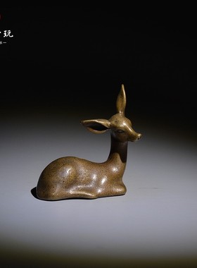 中式古铜小茶宠文玩书房摆件铜鹿复古纯铜迷你小铜器摆件小玩意