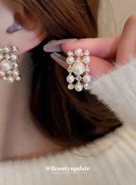 镶钻珍珠长方形耳钉项链两件套法式复古宫廷风颈链轻奢高级感项饰