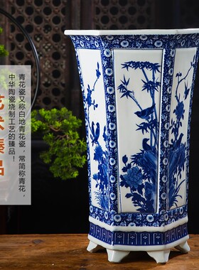 景德镇陶瓷花盆六方兰花卉花鸟植物手绘青花瓷花盆大号带托盘包邮