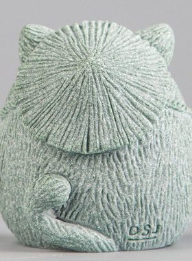 青砂石猫钓鱼茶宠鱼缸造景中式居家办公创意国潮精品动物装饰摆件