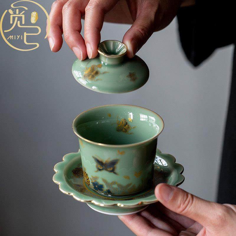 越窑青瓷金绘蝶恋花三才盖碗单个复古高档茶杯家用不烫手泡茶碗,淘宝优惠券,粉丝福利购,淘宝优惠卷