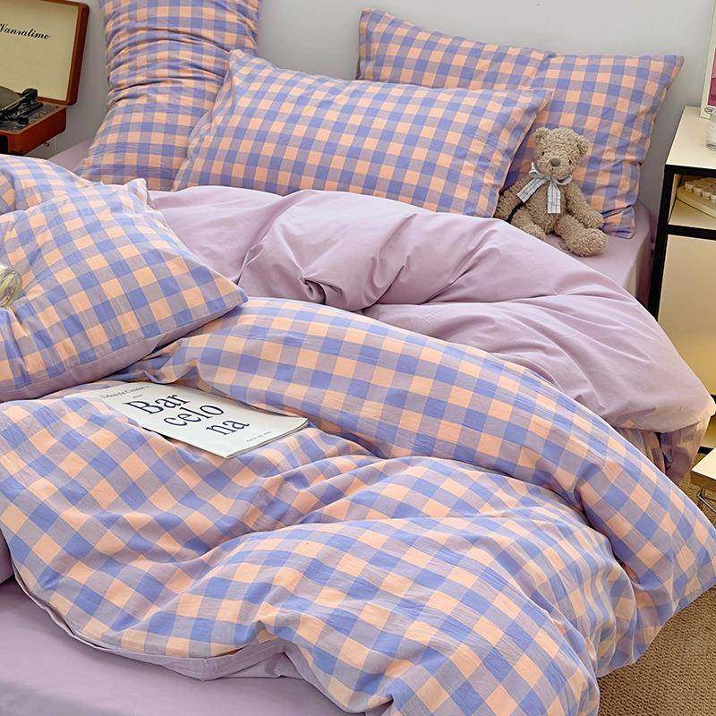纯棉水洗棉床上四件套全棉简约床品格子被套宿舍床单人三件套床笠,淘宝优惠券,粉丝福利购,淘宝优惠卷