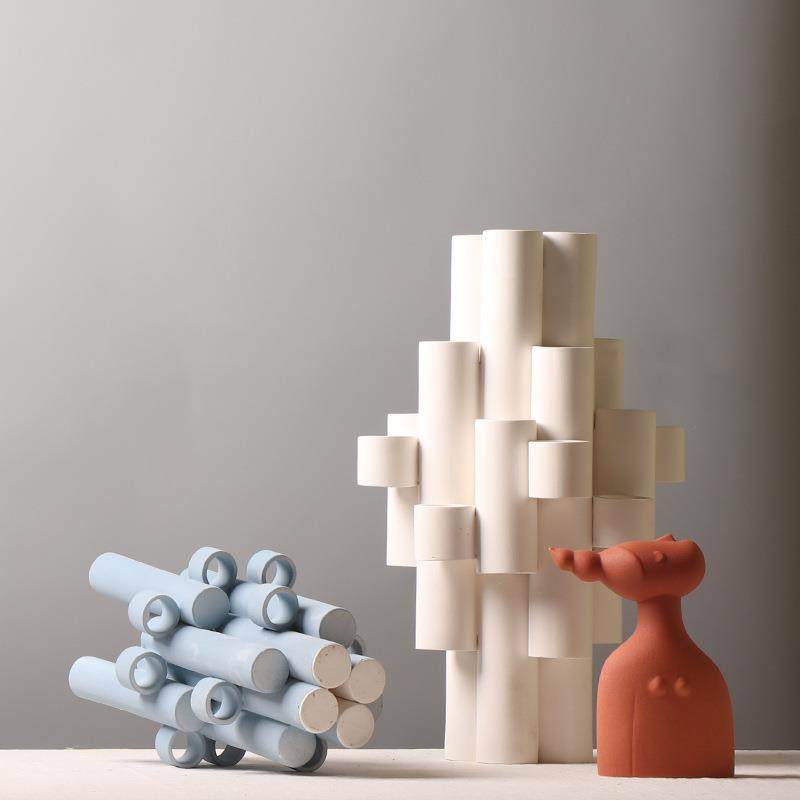 现代简约创意拼接圆管陶瓷摆件样板房售楼部别墅轻奢插花装饰花瓶,淘宝优惠券,粉丝福利购,淘宝优惠卷