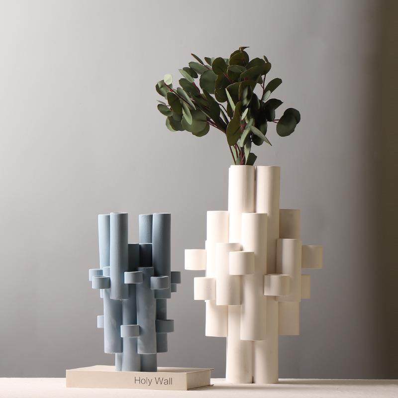 现代简约创意拼接圆管陶瓷摆件样板房售楼部别墅轻奢插花装饰花瓶,淘宝优惠券,粉丝福利购,淘宝优惠卷