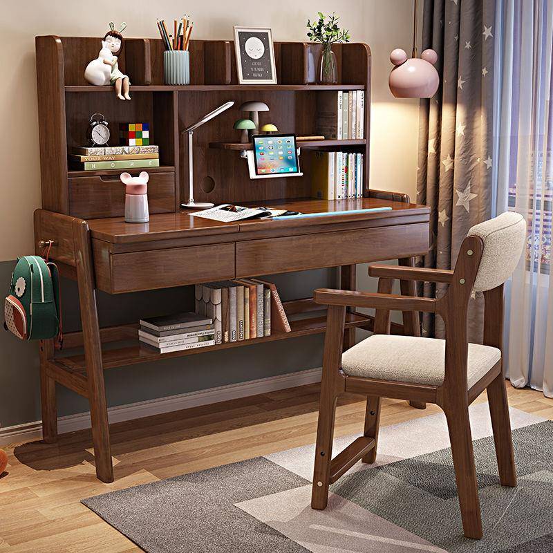Solid wood book table, bookshelf body can be lowered, ERS children's study table and chair set, home bedroom, middle school student writing