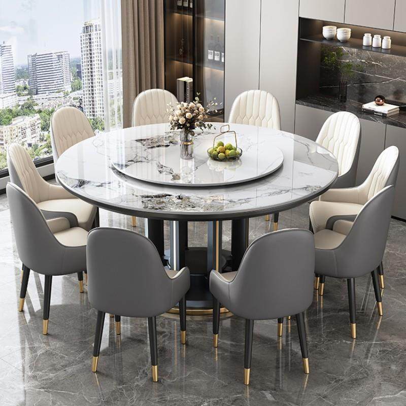 轻奢岩板餐桌椅组合现代简约小户型家用北欧圆形带转盘实木大圆桌,淘宝优惠券,粉丝福利购,淘宝优惠卷